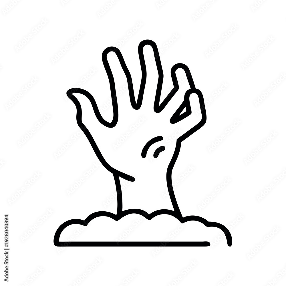Obraz premium Creepy outline icon of a zombie hand rising from the ground, perfect for Halloween, horror, or undead themes and spooky designs.