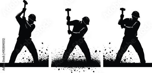Industrial workers breaking ground with sledgehammer silhouettes, construction demolition labor action, heavy manual work concept, strength and teamwork illustration isolated on white