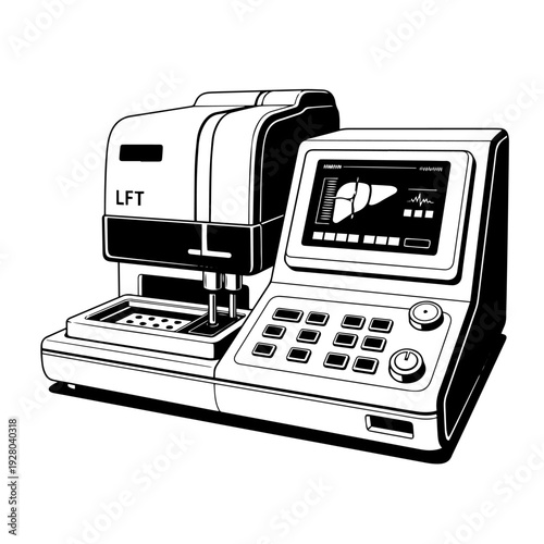 Liver Function Test (LFT) Machine Vector Icon – Black and White Clinical Analyzer Illustration, Medical Laboratory Equipment Symbol, Biochemistry Testing Device 