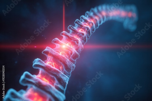 Vertebral column illuminated with vibrant red energy pulses.