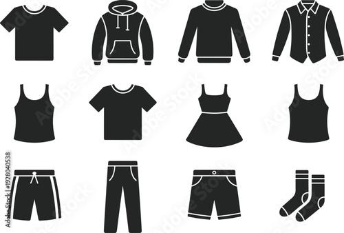 Clothing silhouette icons, fashion outfit collection, apparel wardrobe symbols, male female garments, stylish clothing design elements, fashion illustration, flat vector illustration