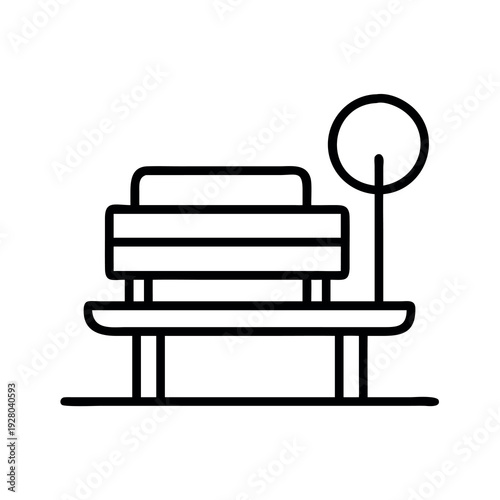 Minimalist outline drawing of a park bench with a lamp post beside it, representing public space and rest.