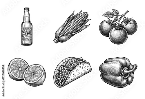 Set of hand drawn food and beverage illustrations featuring beer bottle corn tomatoes lime taco and bell pepper in a classic woodcut engraving style