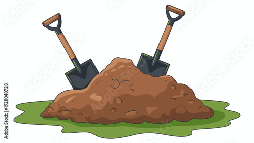 Shovels stuck in a large pile of brown dirt green grass earth digging