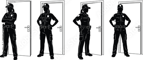 Police officer silhouette illustration set standing by door, law enforcement security poses, professional uniformed guard concept, safety and protection artwork isolated on white background