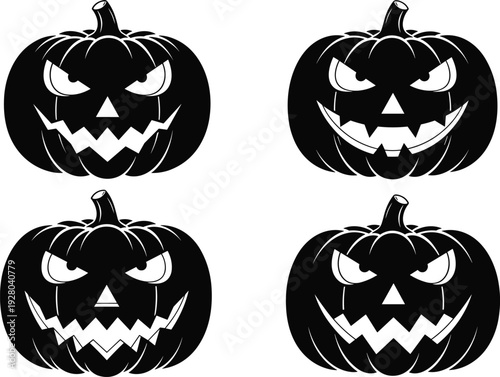 Scary Halloween pumpkin faces silhouette set, evil jack o lantern expressions, spooky holiday decoration icons, horror festival design elements, black vector illustration