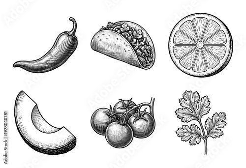 Vintage woodcut style collection of Mexican food ingredients featuring taco, chili pepper, lime slice, avocado, tomatoes, and cilantro branch.