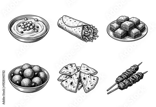 Vintage woodcut style collection of middle eastern and mediterranean food including hummus falafel kebab and baklava