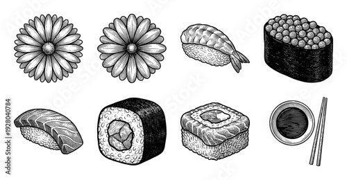 Set of hand drawn sushi and floral elements in monochrome vintage engraving style featuring nigiri maki and gunkan rolls