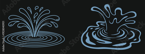 Neon blue water splash icon set vector illustration, glowing liquid ripple and splash crown symbols on dark background, modern aqua line splash design, editable vector collection, flat and glowing sty