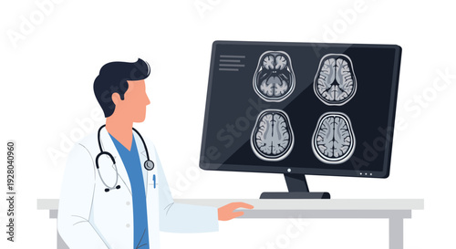 A male doctor in a white lab coat stands beside a computer monitor displaying four detailed brain MRI scans, gesturing towards the screen.