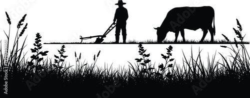 Traditional farmer plowing field with cow silhouette illustration, rural agriculture landscape, old farming method concept, countryside livelihood, black vector design