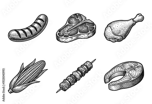 Vintage engraving style collection of grilled food icons including steak, sausage, chicken, corn, kabob, and salmon