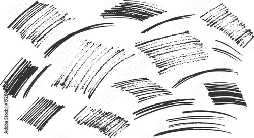 Collection of hand-drawn brush stroke elements and textured patches for artistic designs and creative graphic elements