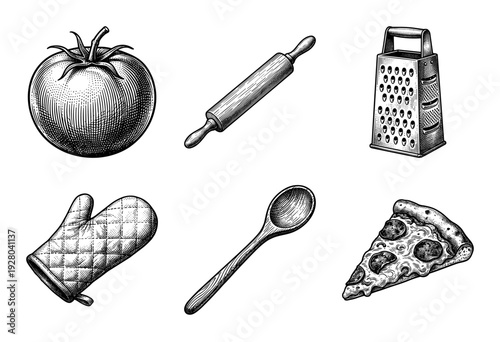 Vintage engraving style collection of kitchen utensils and pizza ingredients featuring a tomato, rolling pin, grater, oven mitt, wooden spoon, and pepperoni slice.