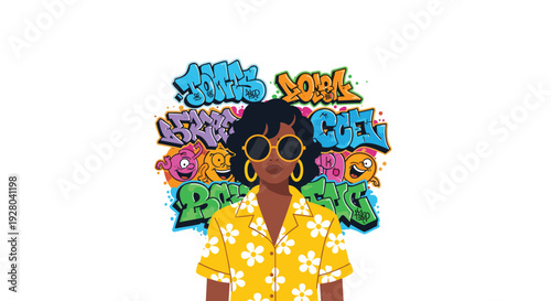 A stylish Black woman in a yellow floral shirt and round sunglasses stands before a vibrant, colorful graffiti backdrop with cartoon characters.