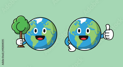 Cartoon Earth Characters with Tree and Thumbs Up.