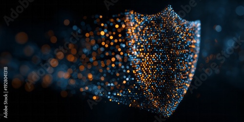 Digital shield formed by glowing particles protects against threats.