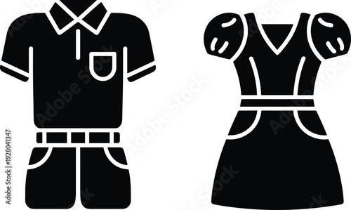 WebClothing silhouette icons, male outfit shirt shorts, female dress fashion, apparel design elements, wardrobe symbols, garment illustration, stylish clothing, flat vector illustration