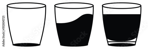 Water glass icon vector set outline. Drink glass line pictogram. Water glass vector icon set. tall full, half and empty milk or water glass sign eps 10 .