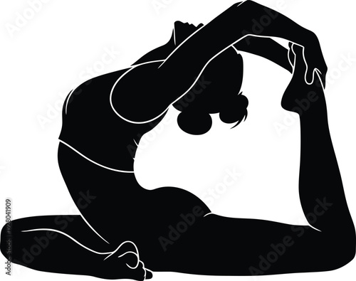 A graceful female figure in a challenging yoga pose, pure black silhouette, a clean white background