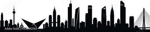 A panoramic modern city skyline with distinct architectural landmarks, pure black silhouette, a clean white background
