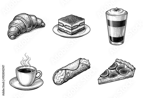 Vintage woodcut style collection of Italian pastries and coffee beverages featuring croissant, tiramisu, latte, espresso, cannoli, and fig tart.
