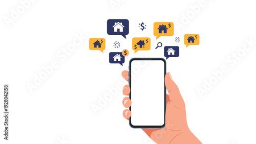 Hand holding a modern smartphone displays floating house icons and dollar signs representing a real estate mobile application for property search.