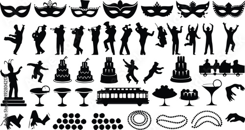 Mardi Gras Silhouette Icon Collection Mardi Gras Typography Silhouette Icon Set