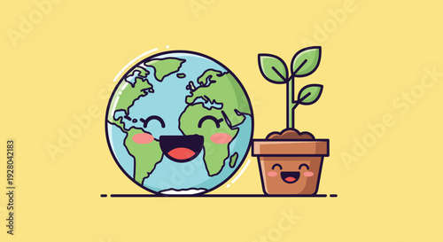 Cartoon Globe and Potted Plant Smiling.