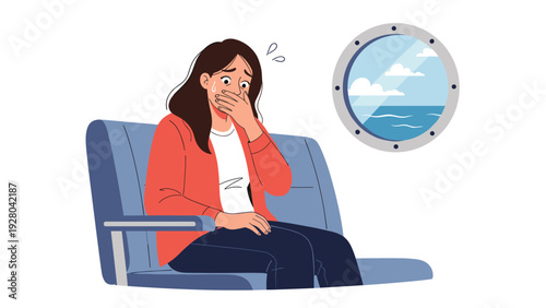 Young woman feeling nauseous and suffering from motion sickness while looking out a porthole during a boat trip or flight over the ocean.