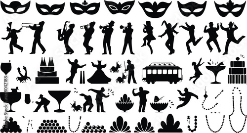 Mardi Gras Silhouette Icon Collection Mardi Gras Typography Silhouette Icon Set
