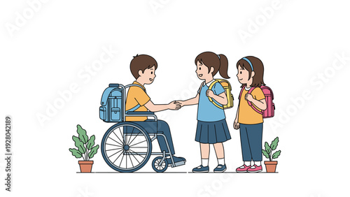 Inclusive education scene featuring a boy in a wheelchair shaking hands with female classmates while wearing school uniforms and backpacks.