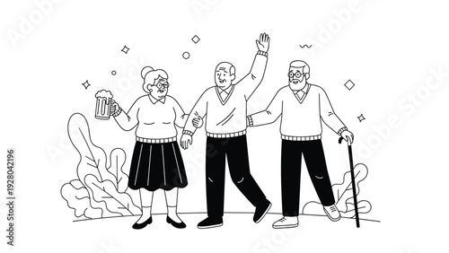 Line art illustration of happy senior friends walking outdoors together while one woman holds a mug of beer and a man uses a walking cane.