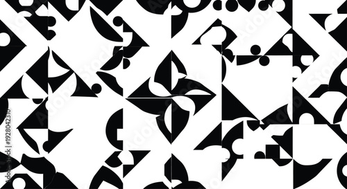 A repeating pattern of simple geometric shapes like triangles, circles, and squares, forming a complex yet clean pure black silhouette, a clean white background