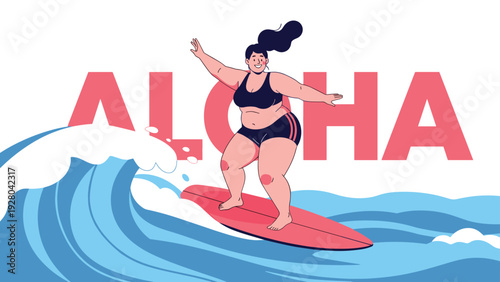 Confident plus size woman surfing on a blue wave with the word ALOHA in big red letters in a tropical beach summer vacation setting.