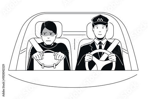 Taxi Ride Anxiety - Black and White Flat Design Illustration