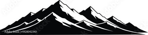 A serene, layered mountain range with distinct peaks and valleys, pure black silhouette, a clean white background