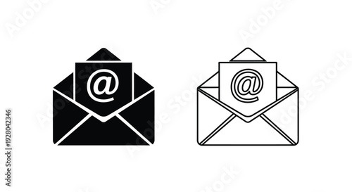 Two envelope icons with at symbols one filled and one outlined