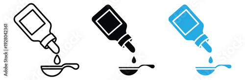 Medicine Syrup Bottle with Spoon Icon Set for Healthcare, Liquid Medication Dosage, and Pharmacy Treatment Concept Vector Illustration