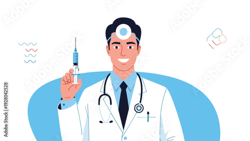 Smiling male doctor in a professional white lab coat holding a syringe and wearing a head mirror and stethoscope for a medical checkup.