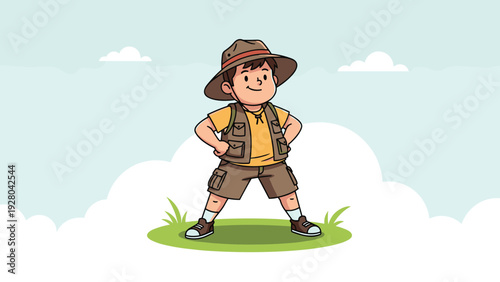 Happy little boy dressed as a young scout explorer with a hat and vest standing in nature against a soft blue sky and fluffy white clouds.