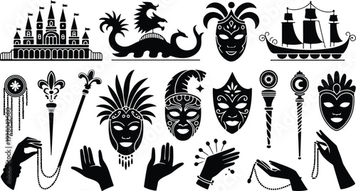 Mardi Gras Silhouette Icon Collection Mardi Gras Typography Silhouette Icon Set