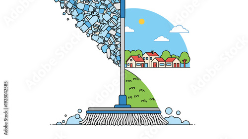 Environmental concept showing a mop cleaning away a pile of plastic bottles to reveal a clean neighborhood with houses and green trees.