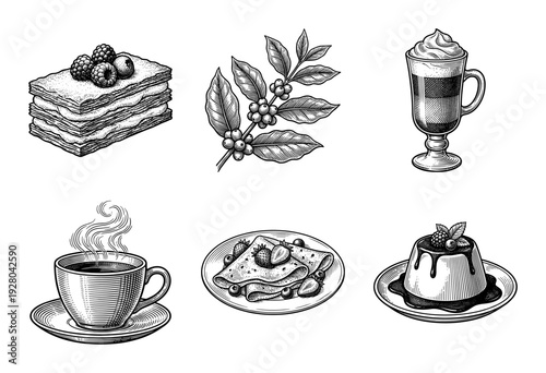 Set of hand drawn vintage engravings featuring coffee beverages, branch with beans, and various sweet desserts including crepes and cake.