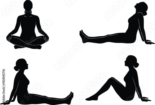 Silhouette woman practicing yoga poses set, meditation fitness stretching exercise collection isolated on white background, healthy lifestyle concept