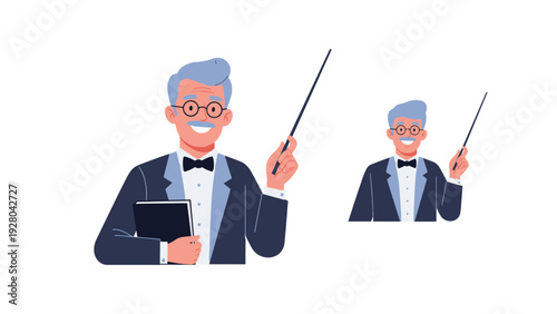 Distinguished older male teacher or conductor in a tuxedo with a bowtie holding a baton and a book while smiling at the camera.