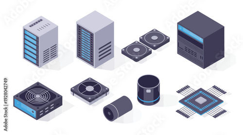 Isometric illustration of server racks, computer towers, fans, and a CPU, symbolizing data centers, cloud computing, and IT infrastructure.