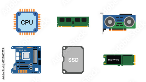 Collection of computer hardware components including CPU, RAM, SSD, graphics card, and motherboard, representing digital technology and data processing.