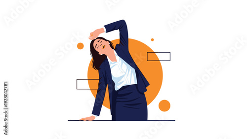 Exhausted or stressed businesswoman in a formal suit leaning on a surface with her eyes closed and hand on her forehead after work.